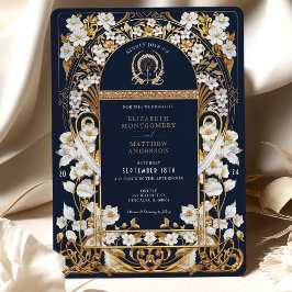 Convites Casamento Marinho Azul e Antiquado e Dourado Flora
