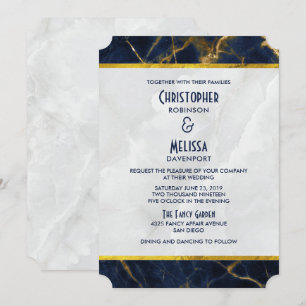 Convites Casamento Marinho Azul e Dourado Marble Modern