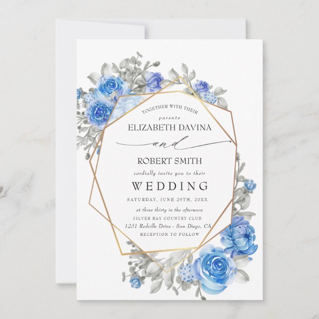 Convites Casamento marinho Azul Floral Watercolor (Frente)