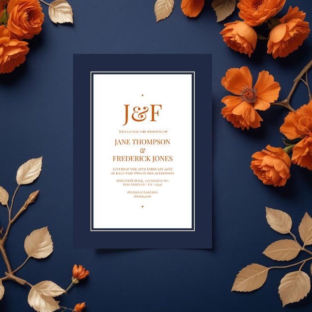 Convites Casamento marinho Azul, Laranja Queimado e Champan (Navy Blue, Burnt Orange and Champagne Wedding Invitation)