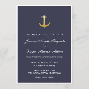 Convites Casamento Marinho Azul Náutico Faux Gold Foil Anc