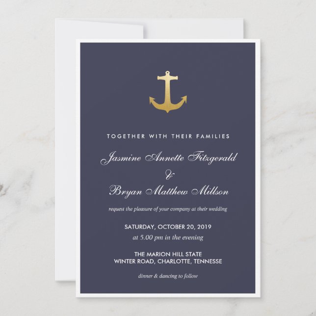Convites Casamento Marinho Azul Náutico Faux Gold Foil Anch (Frente)