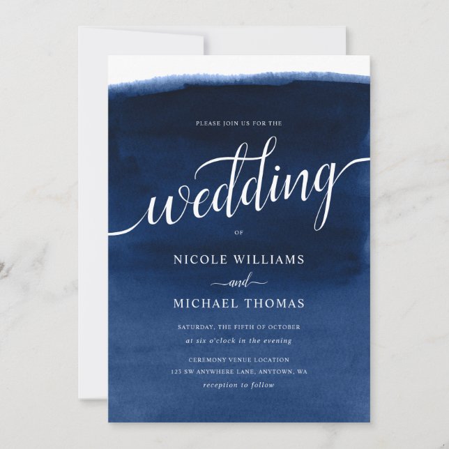 Convites Casamento marinho Blue Watercolor (Frente)