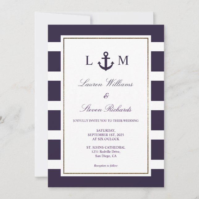 Convites Casamento Marinho com Âncora Azul Marinho Escuro P (Frente)