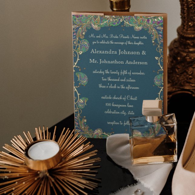 Convites Casamento marinho de Cobre e Paisley Peacock Verde (Criador carregado)