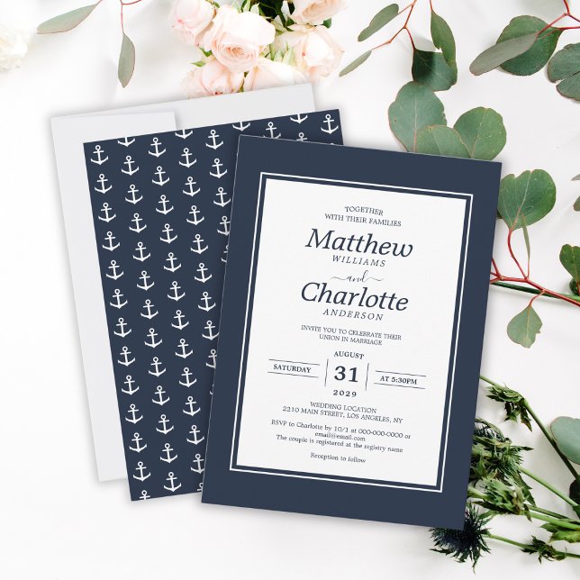 Convites Casamento Marinho Náutico Clássico de Âncora Azul (Classic Nautical Anchor Navy Blue Wedding Invitation
)