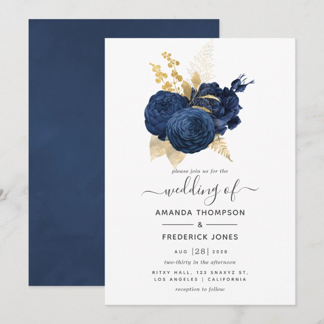 Convites Casamento marinho Rosa Azul e Vintage Dourado (Frente/Verso)