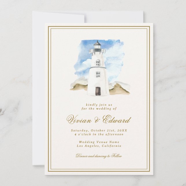Convites Casamento Marítimo Costeiro do Farol de Cores Aquá (Frente)