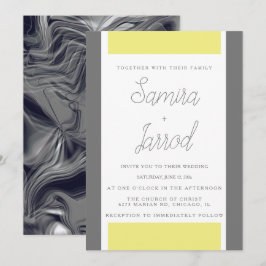Convites Casamento Mármore Abstrato Simples Amarelo e Cinza