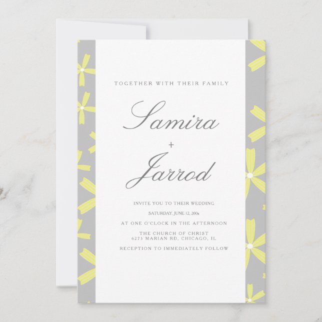 Convites Casamento Mármore Abstrato Simples Amarelo e Cinza (Frente)