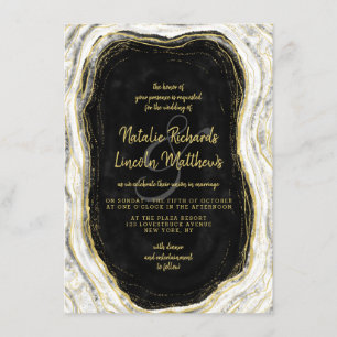 Convites Casamento Mármore Ágata Geodo Preto Branco & Ouro