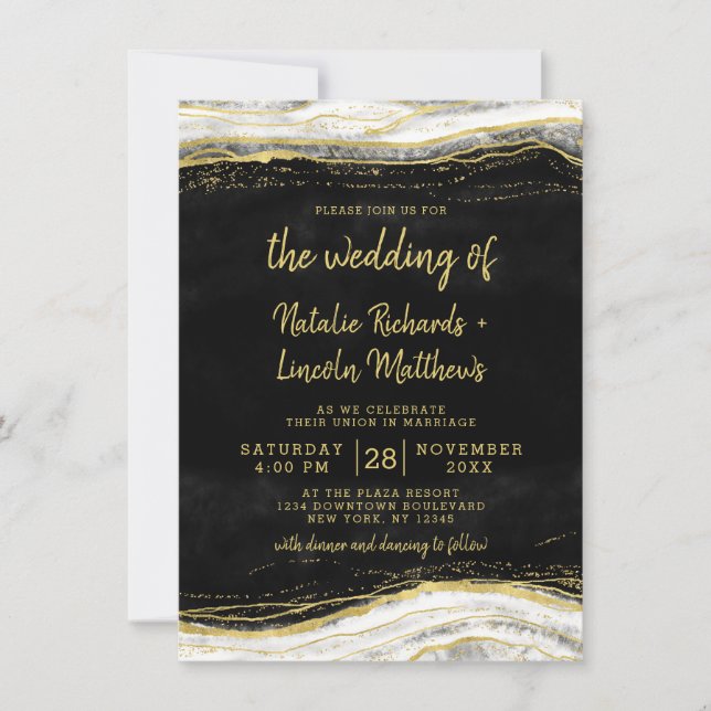 Convites Casamento Mármore Ágata Geodo Preto Branco & Ouro (Frente)