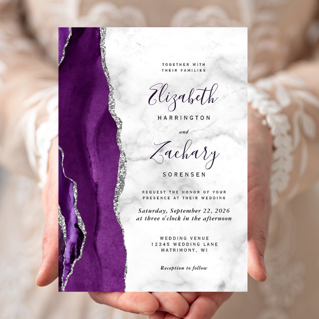 Convites Casamento Mármore Ágata Prata Roxo Moderno (Criador carregado)