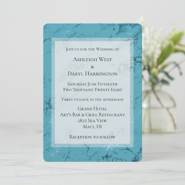 Convites Casamento Mármore Azul Aqua Chic (Em pé/Frente)
