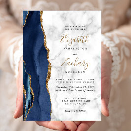 Convites Casamento Mármore Azul Naval Dourado Ágata Moderno