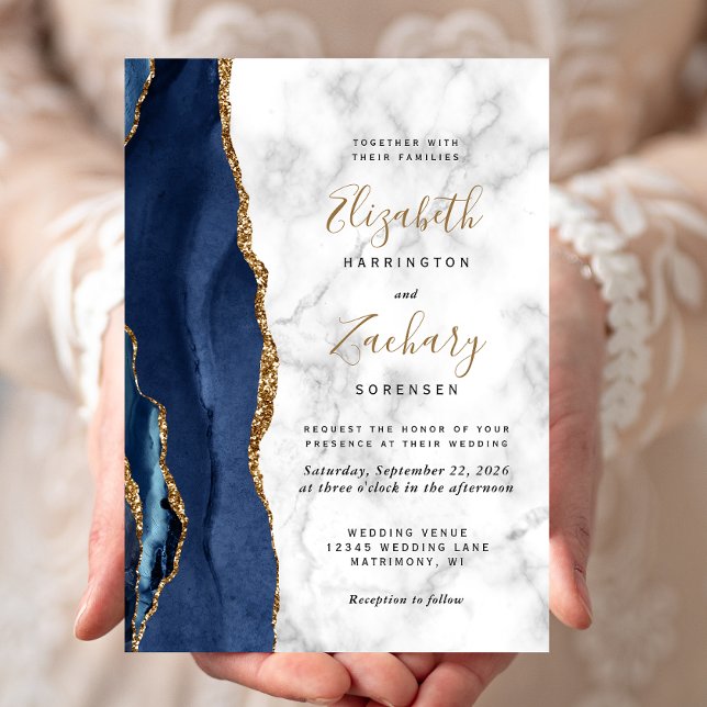 Convites Casamento Mármore Azul Naval Dourado Ágata Moderno (Criador carregado)