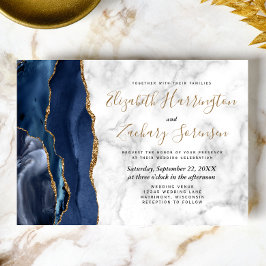 Convites Casamento Mármore Azul Naval Dourado Ágata Moderno