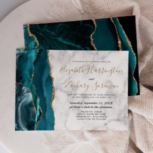Convites Casamento Mármore Azul Teal Dourado Moderno