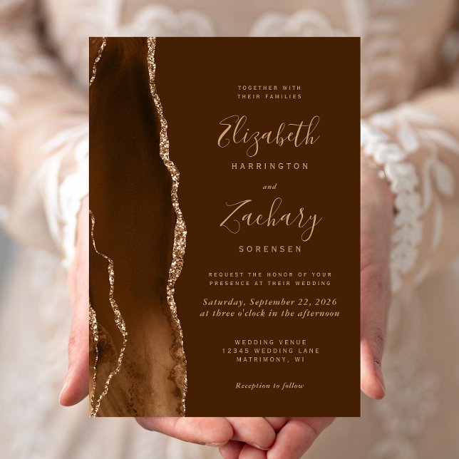 Convites Casamento Marrom Ágata Dourado Mocha Moderno (Criador carregado)