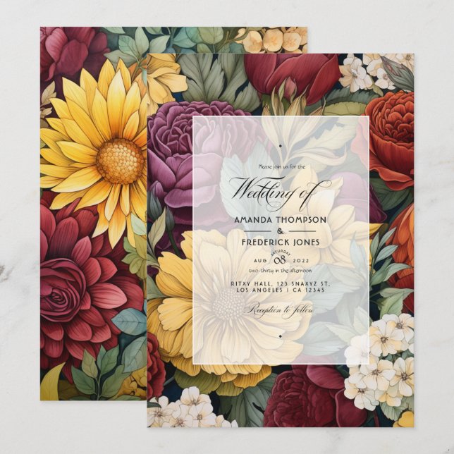 Convites Casamento Marrom, Amarelo Mostarda e Verde Oliva (Frente/Verso)