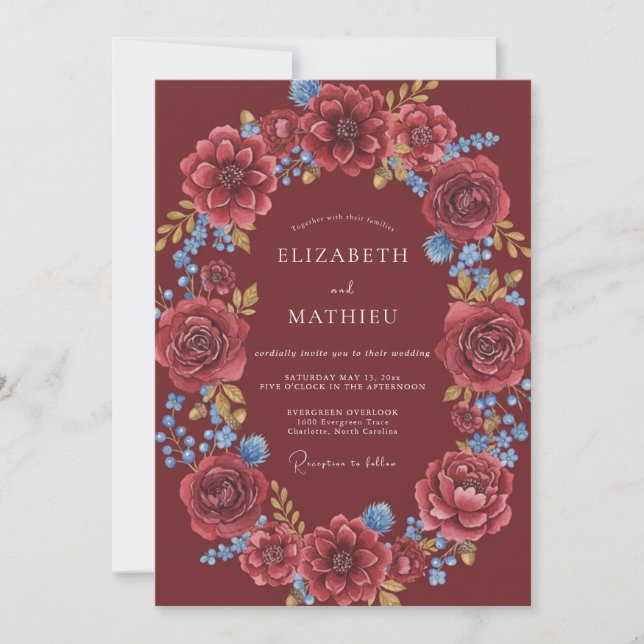 Convites Casamento Marrom Azul Dahlia (Frente)