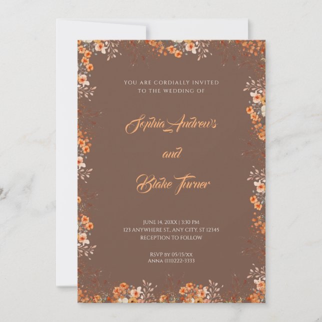 Convites Casamento Marrom Bonito das Flores Laranja Delicad (Frente)