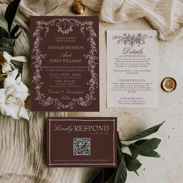 Convites Casamento Marrom Chocolate Floral Clássico Dinheir (Criador carregado)