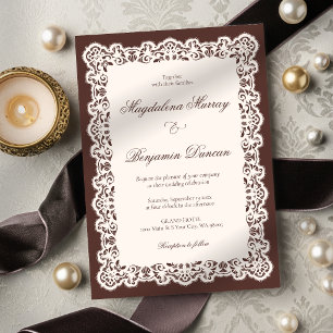 Convites Casamento Marrom Espresso Elegante com Renda Marfi