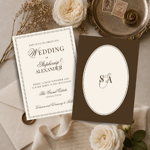 Convites Casamento Marrom & Marfim Monograma Antigo Elegant