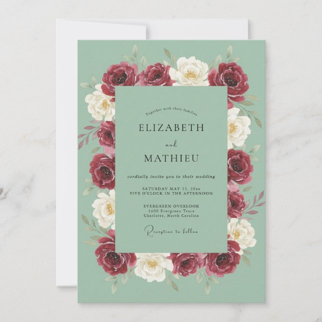 Convites Casamento Marrom Ranunculus Seafoam Eucalipto (Frente)