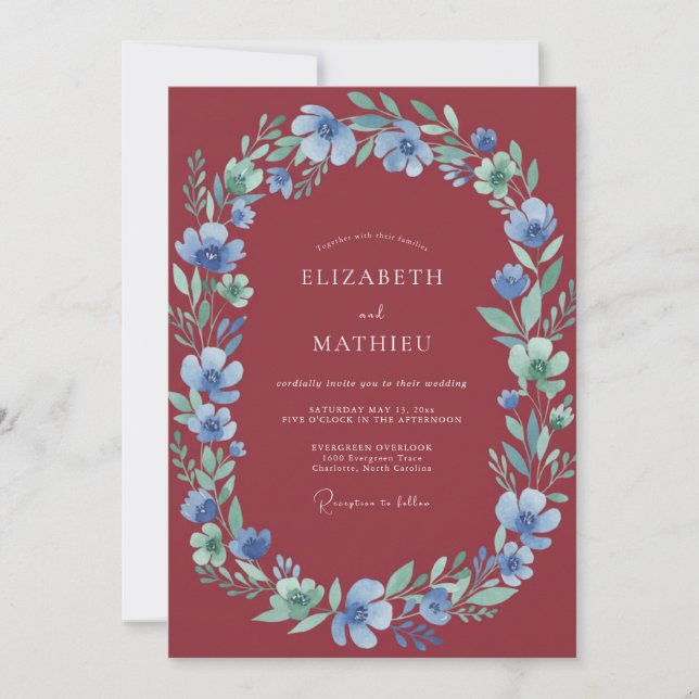 Convites Casamento Marsala Periwinkle Folhagem (Frente)