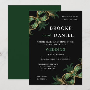 Convites Casamento Máscara Verde Dourado Chic com Penas