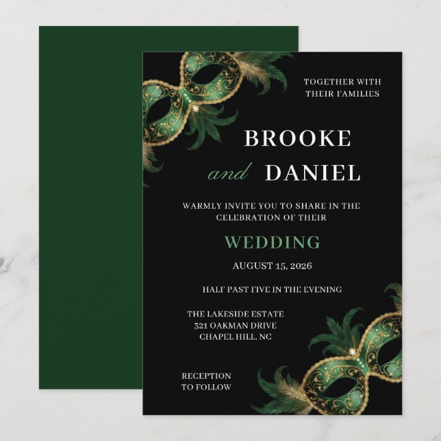 Convites Casamento Máscara Verde Dourado Chic com Penas (Frente/Verso)