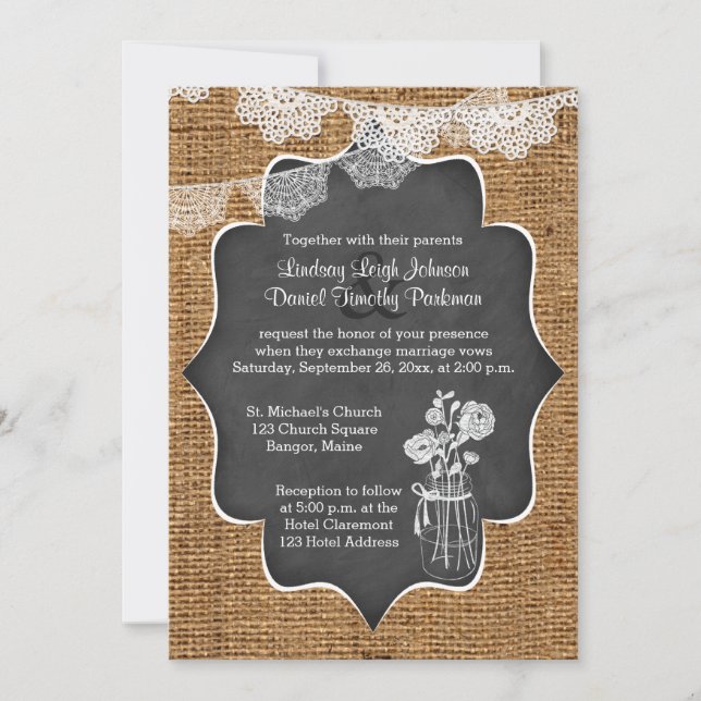 Convites Casamento| Mason Jar, Lace, Burlap| Quadro (Frente)