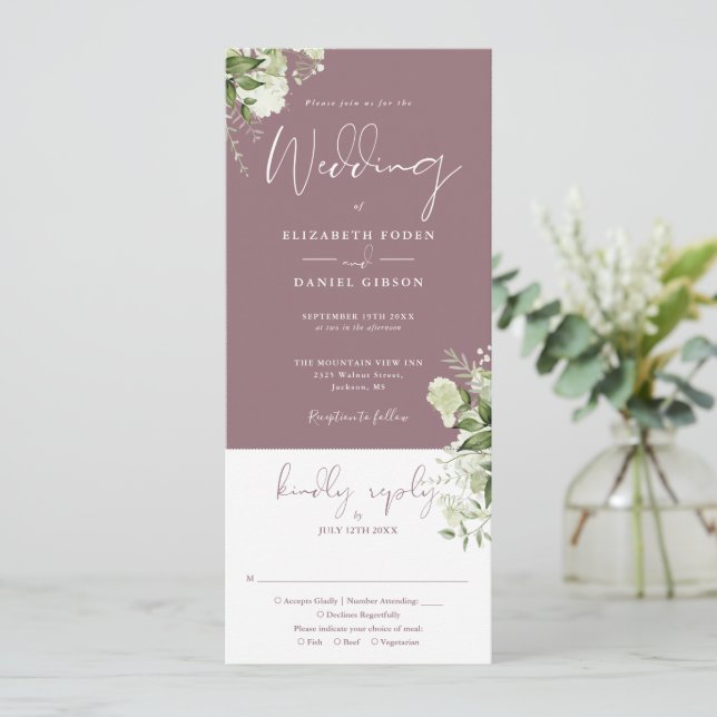 Convites Casamento Mauve Botânico Tudo Em Um (Em pé/Frente)