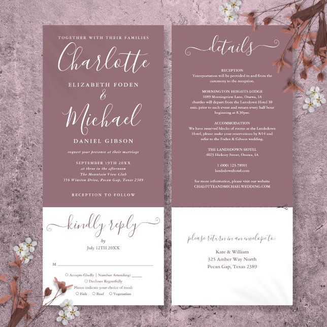 Convites Casamento Mauve Elegant Script Tudo Em Um (Mauve Elegant Script All In One Wedding Invitation)