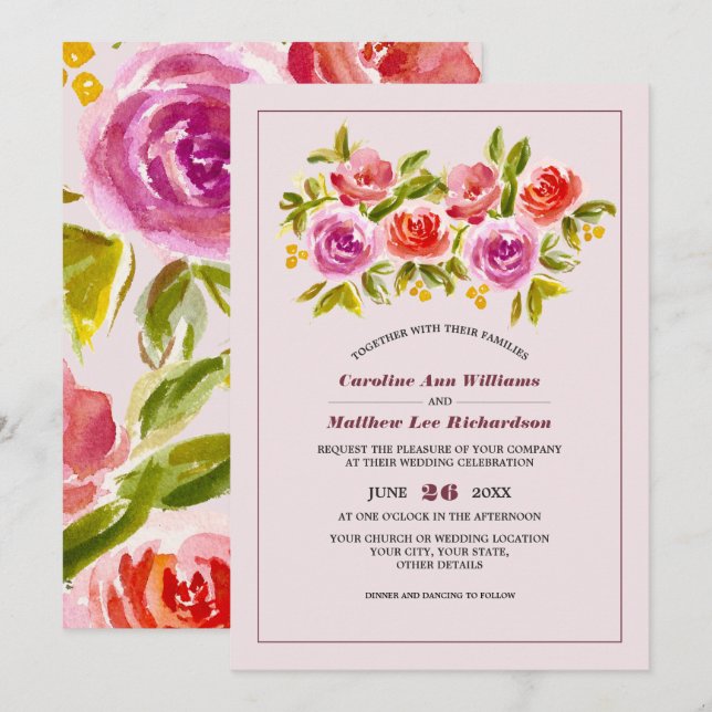 Convites Casamento Mauve Peach Red Floral Watercolor (Frente/Verso)