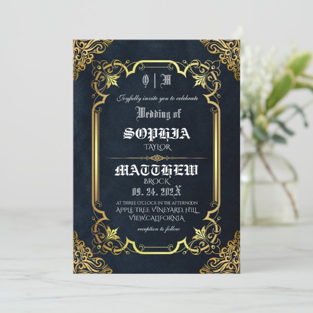Convites Casamento Medieval Dourado Real Preto (Em pé/Frente)
