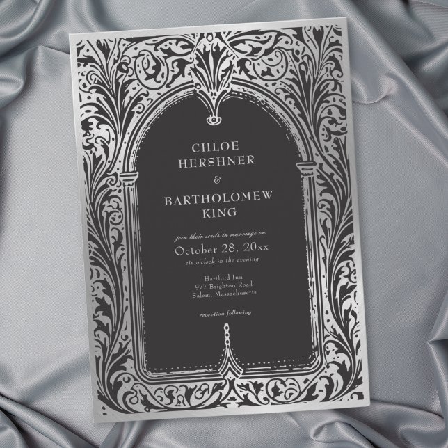 Convites Casamento Medieval Gótico Preto Prata (Gothic Black Silver Medieval Wedding Invitation)