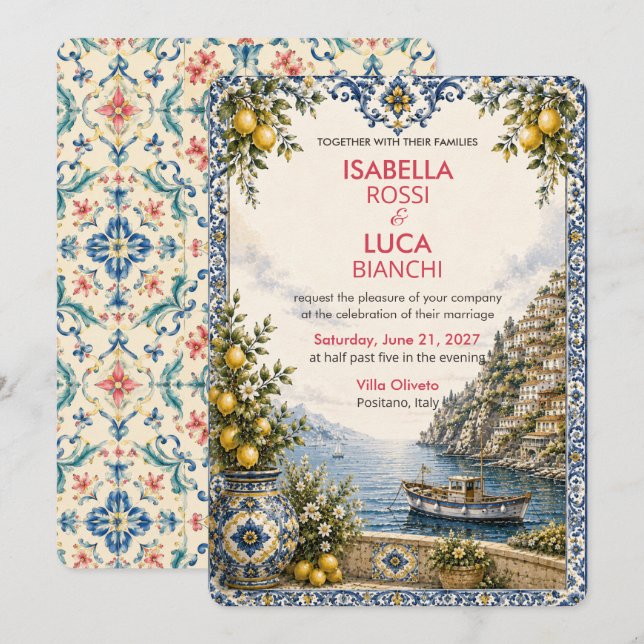 Convites Casamento Mediterranean Escape | Porto da Riviera  (Frente/Verso)