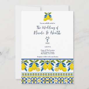 Convites Casamento Mediterrâneo Aquarela Limão Amarelo Azul