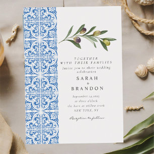 Convites Casamento Mediterrâneo azulejo Azul-Azul-Aquarela