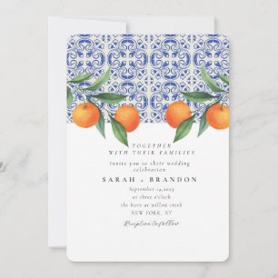 Convites Casamento Mediterrâneo azulejo Azul Laranja Laranj