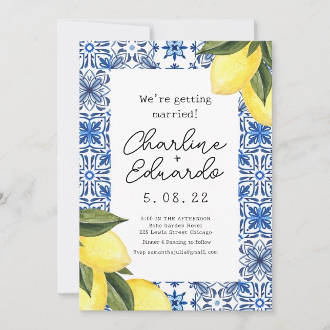 Convites Casamento Mediterrâneo azulejo Azul Lemon (Frente)