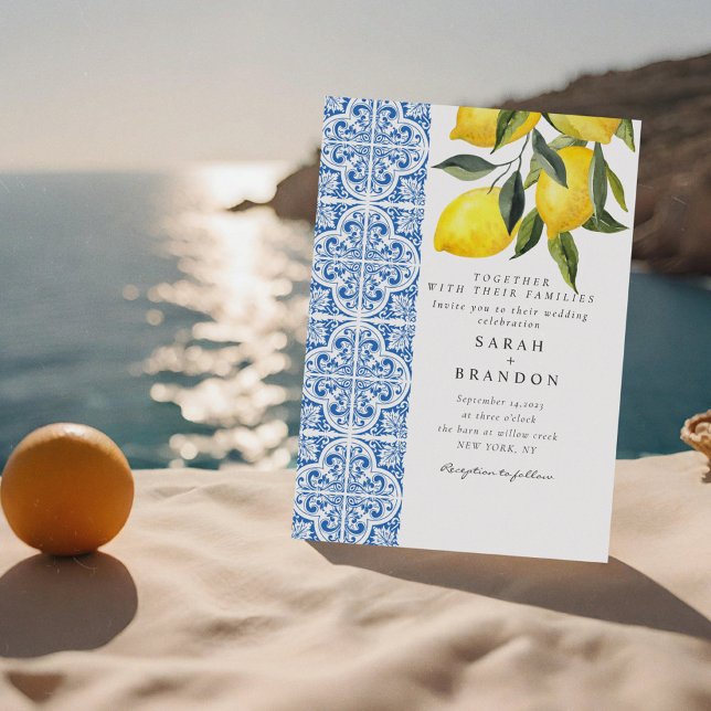 Convites Casamento Mediterrâneo azulejo Azul Lemon (Criador carregado)