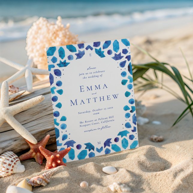Convites Casamento Mediterrâneo com Azulejos Azuis (Criador carregado)