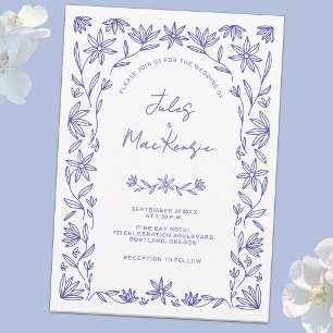Convites Casamento Mediterrâneo Floral Azul Branco