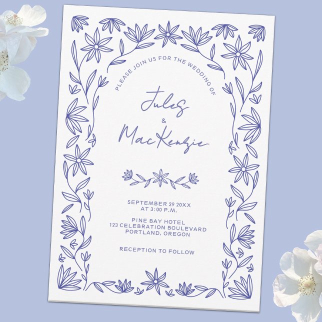 Convites Casamento Mediterrâneo Floral Azul Branco (Modern Mediterranean wildflower line art blue and white wedding invitation)