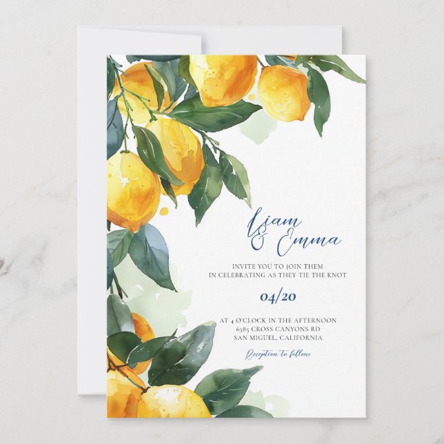 Convites Casamento Mediterrâneo Grego com Limão (Frente)