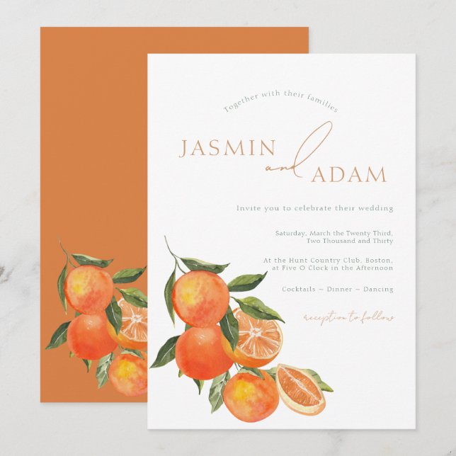 Convites Casamento Mediterrâneo Laranja em Aquarela (Frente/Verso)